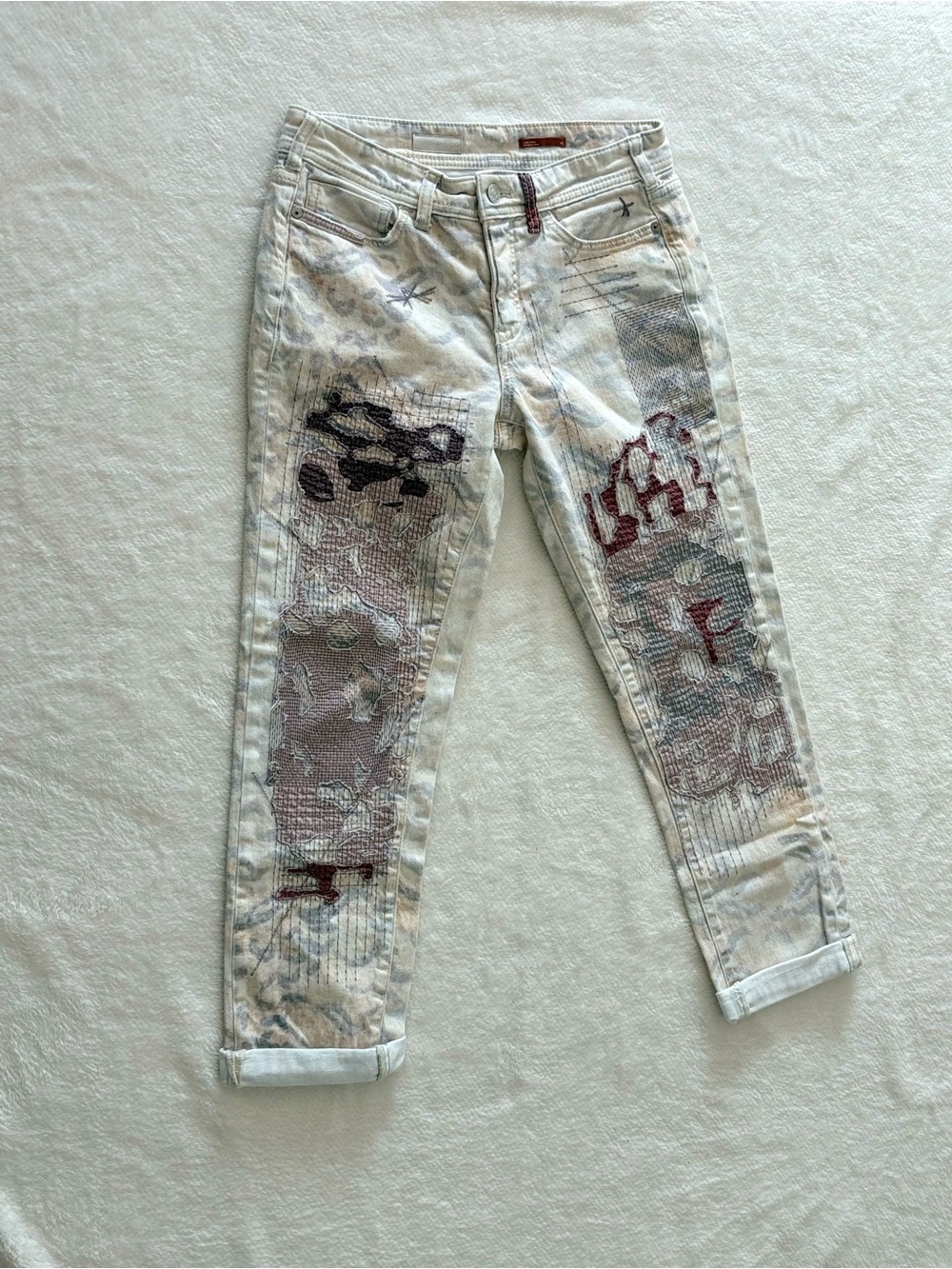 Pilcro Light Wash Skinny Jeans with Maroon & Gray Embroidered Panels